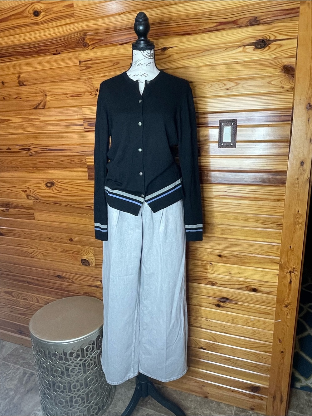 Saks Fifth Avenue Cashmere Cardigan with Stripe Trim SZ M